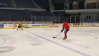 Passing Drill: Picking puck off wall and pass. Breakout and re-enter.