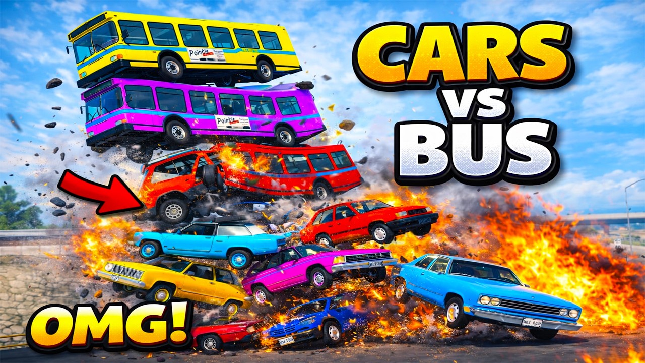 Mixed Rainbow Color Cars & Buses Fall Crash - BeamNG.Drive