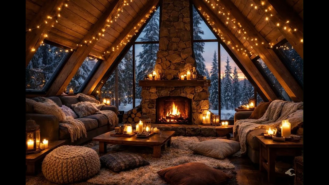 Cozy Winter Cabin Fireplace Ambience ❄️ Crackling Fire, Candlelight & Snowy Forest | 3 Hours