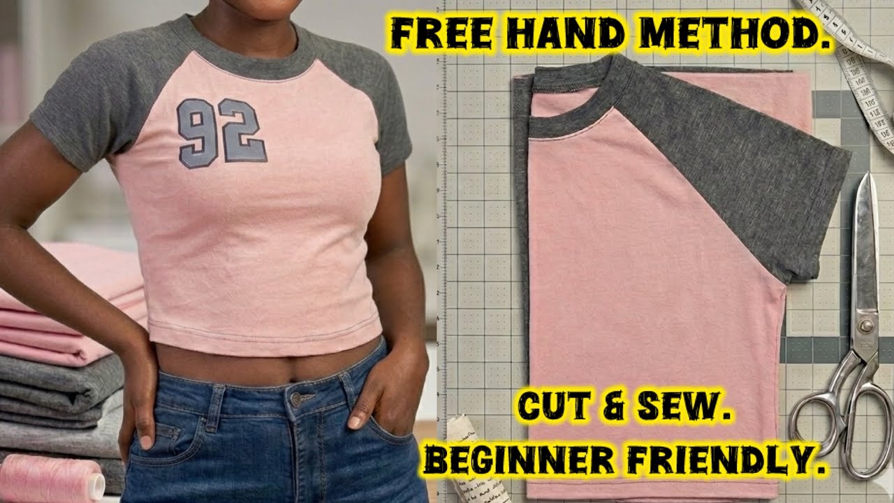 Freehand Raglan Tutorial (Inches); DIY 90s Varsity Baby Tee | Professional Fit  #cutandsew 