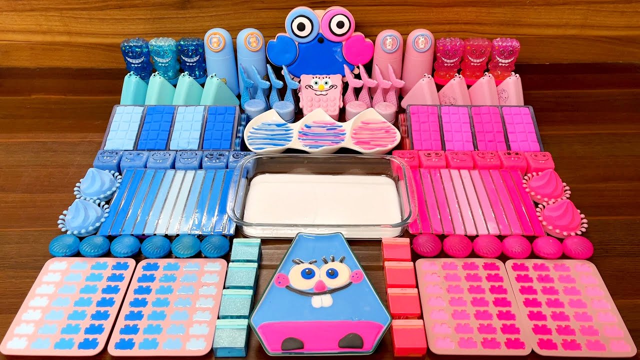 Slime mixing ASMR – Spongebob's Random Blue vs Pink Glossy Slime 