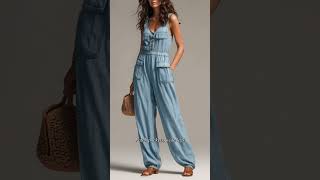 Boho Washed Denim Patch Pocket Wide Leg Jumpsuit | Casual Style #fashion #style #ootd