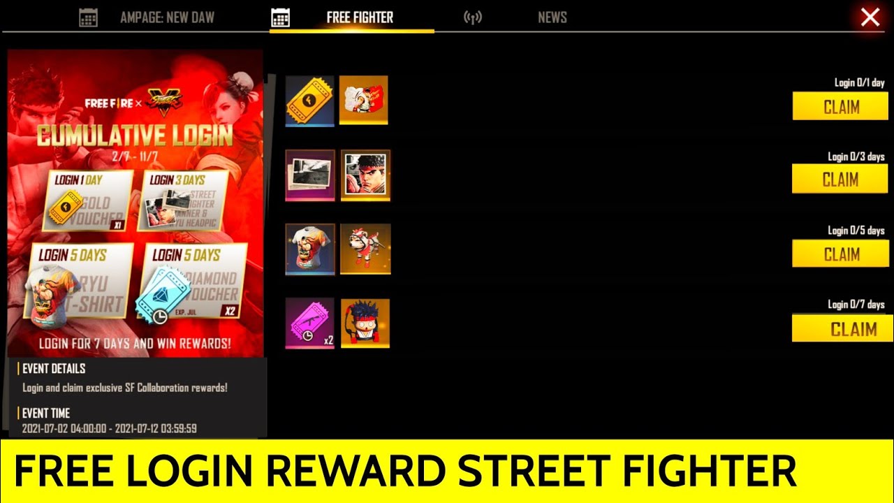 FREE Login 7 Day Rewards Street Fighter Event Free Fire | Street Fighter Free Fire | FF New Event