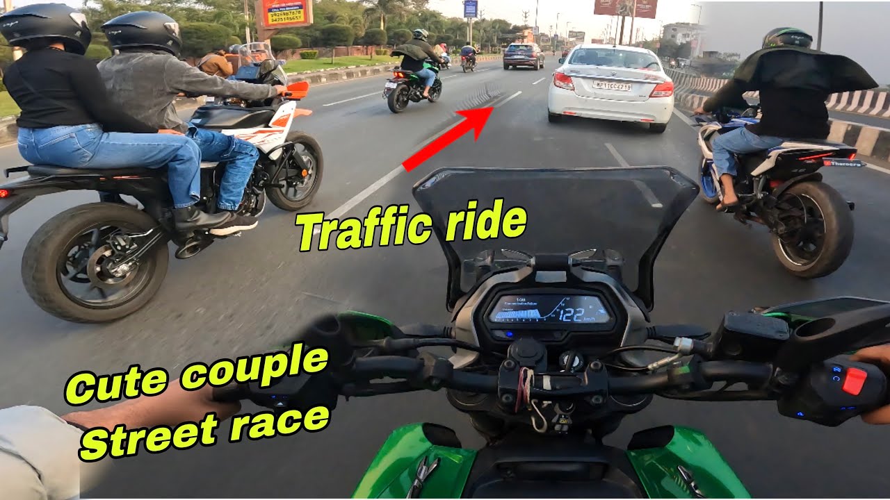 Cute couple went to race❤️ll dominar400 vs rs200 (row) fire exhaust🔥 street race 🚀