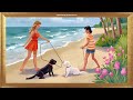 PERFECT Beach Walk with Dogs | Gold Framed Art | Oil Painting | Screensaver 4K | No Sound Video