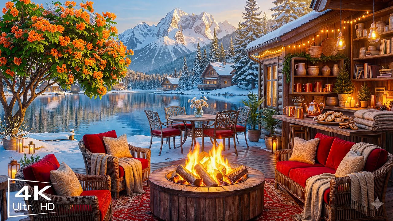 Calm Winter Jazz Music & Crackling Fireplace ⛄ Cozy Porch Ambience with Relaxing Piano Jazz Music