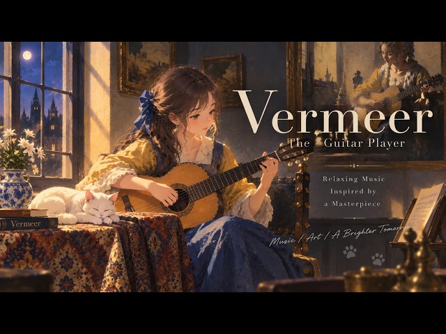 フェルメール『ギターを弾く女』｜絵の中へ入る少女と白猫 🎸🌙｜癒し