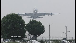 What a Thrilling view ! Heavy Airplanes A380 and Boeing 747 taking off