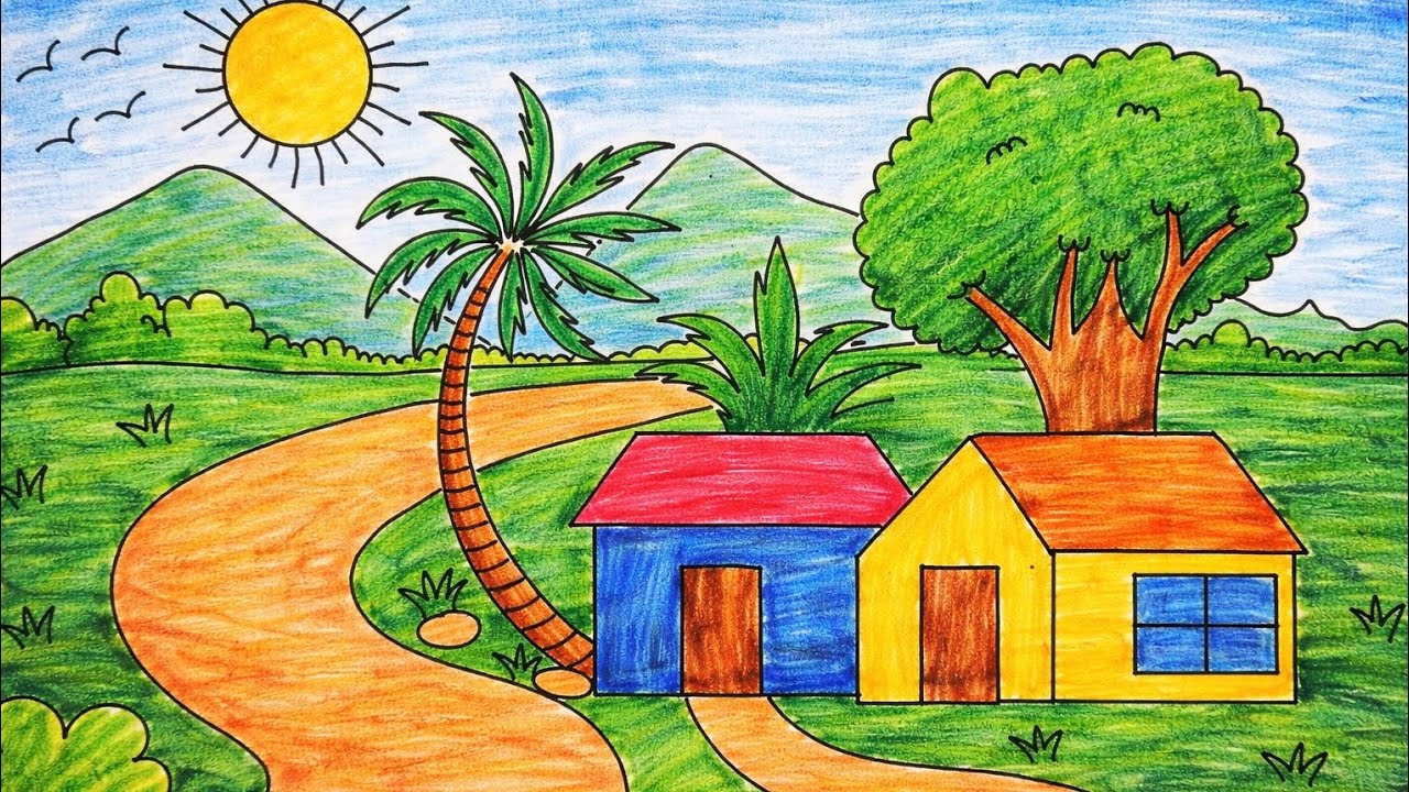 Village house scenery drawing | village drawings |easy scenery drawing | Scenery drawing for kids 