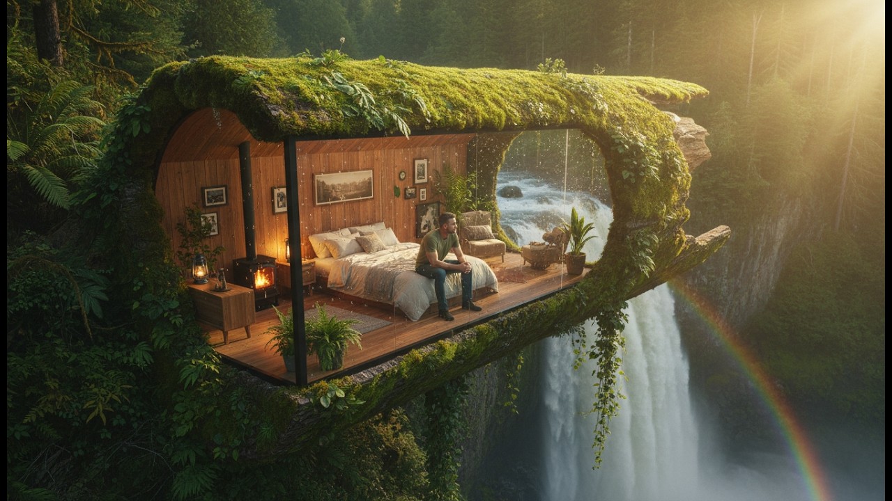 Building A Secret Room Inside A Tree Trunk Over A Waterfall ASMR