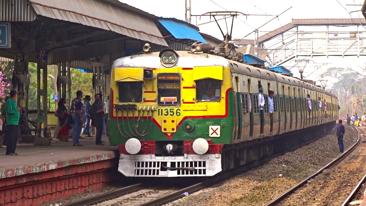 12 Coach Bandel - Howrah Conventional EMU Local Train makes Curve at Hooghly Railway Station
