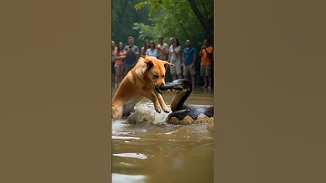 The dog is trying to fight the giant python but people just stand there and taking pictures