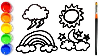 How To Draw Rainbow, Sun, Cloud And Moon