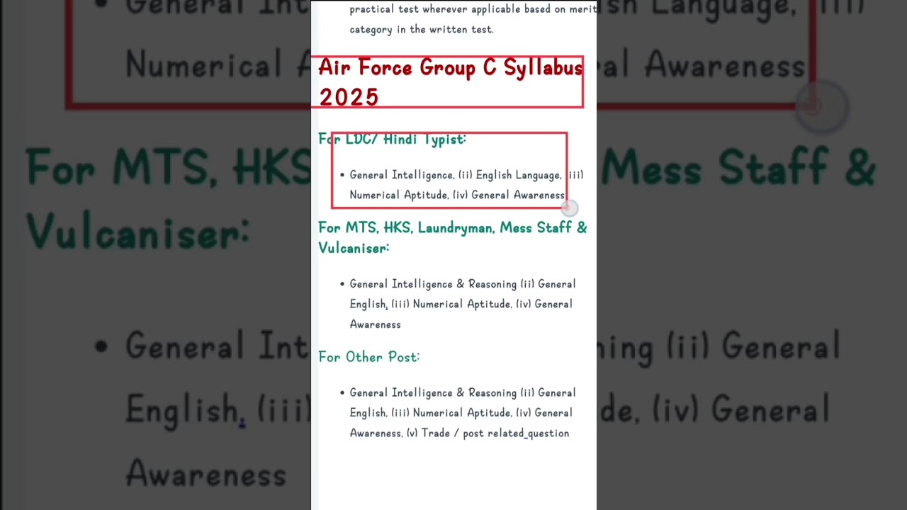 Indian Airforce Group C Civilian Vacancy 2025 Exm syllabus Details