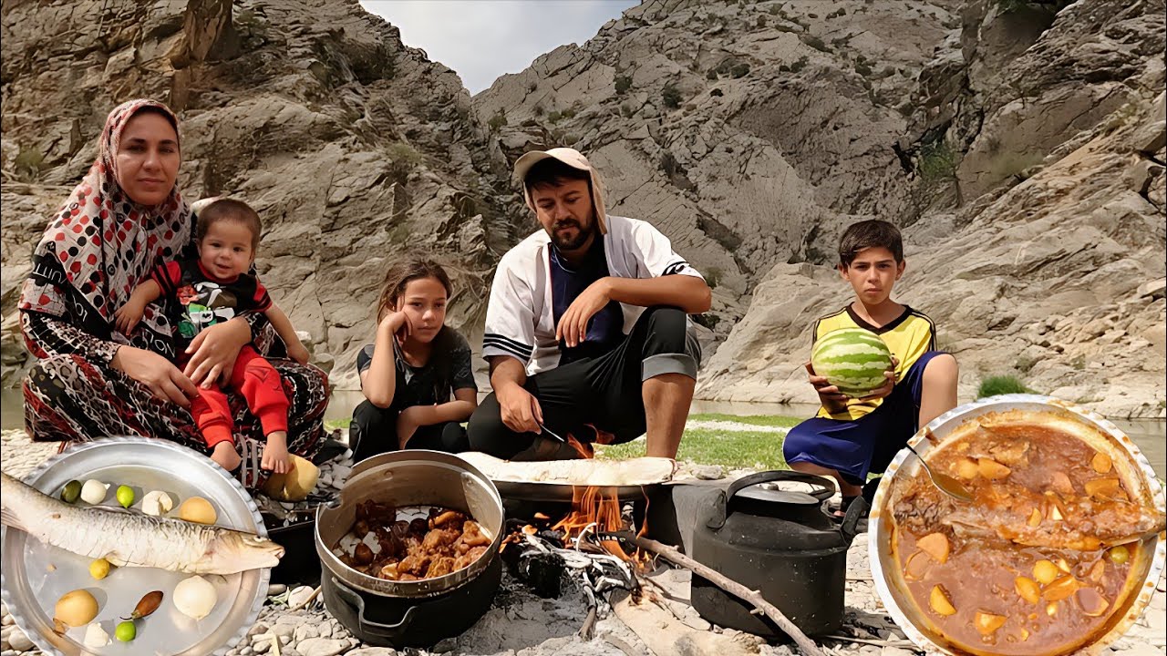 Кочевая семья готовит у реки | Традиционное рыбное рагу и жареное мясо в горах