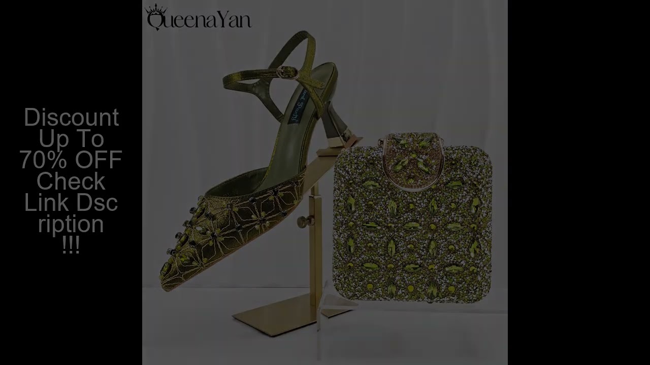 QueenaYan Elegant Full Diamond Design Olive Color Italian Women's Shoe and Handbag Set for Weddings