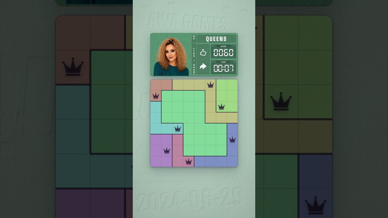 LinkedIn Queens #60 solved board for June 29, 2024, 8x8 grid