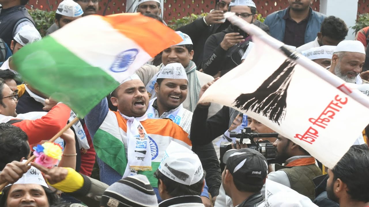 Celebration starts at the AAP headquarters in New Delhi
