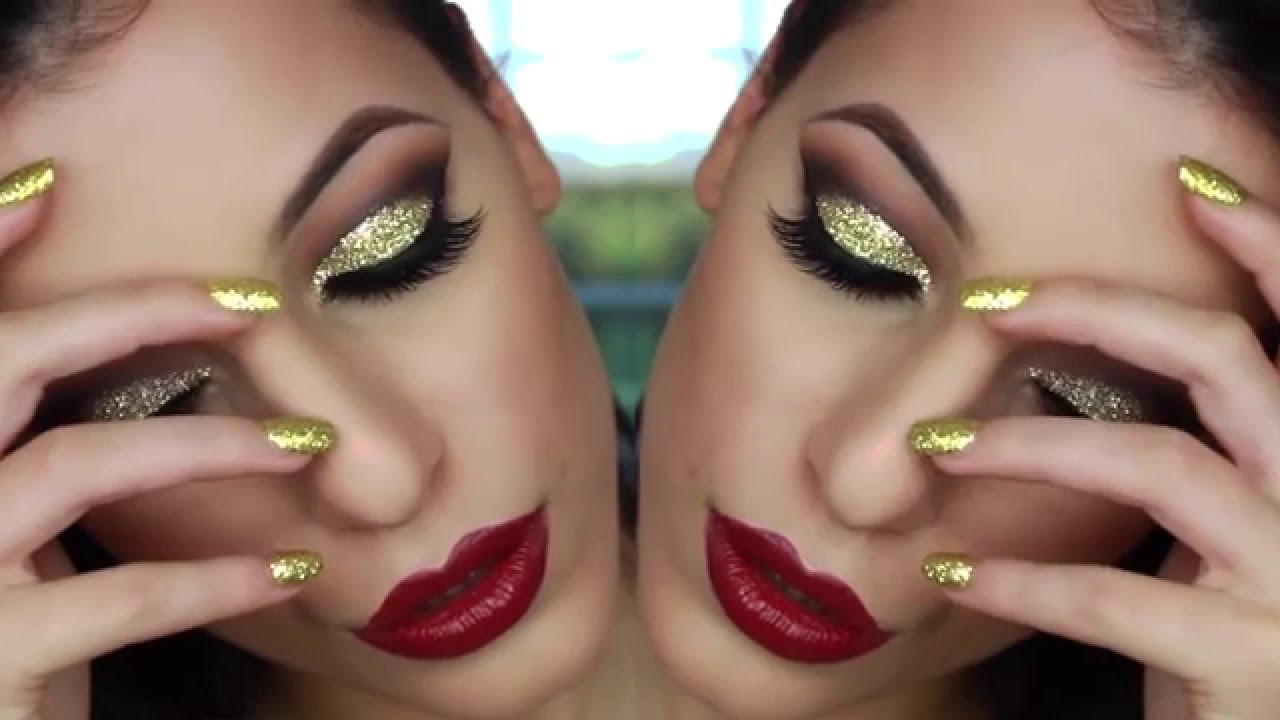 Gold Glitter Cut Crease Smokey Eye New Years Eve Makeup Tutorial HD - YouTu...