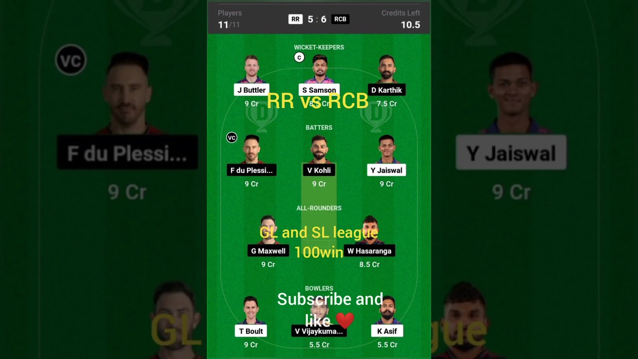 RR vs RCB dream 11 team prediction of GL and SL league team 💕 subscribe and like ❤️💕