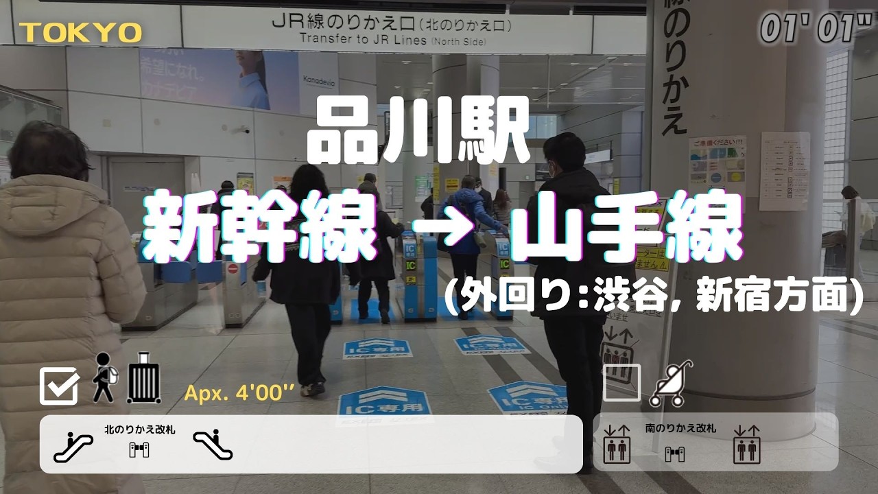 【品川駅】新幹線から山手線(内回り:渋谷、新宿方面)へ == 階段のない乗り換え==