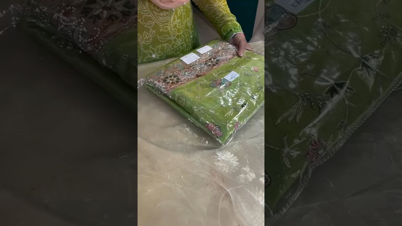 Shimmer Fabric punjabi handwork suit with Dab ka work and crepe bottom at addore studio