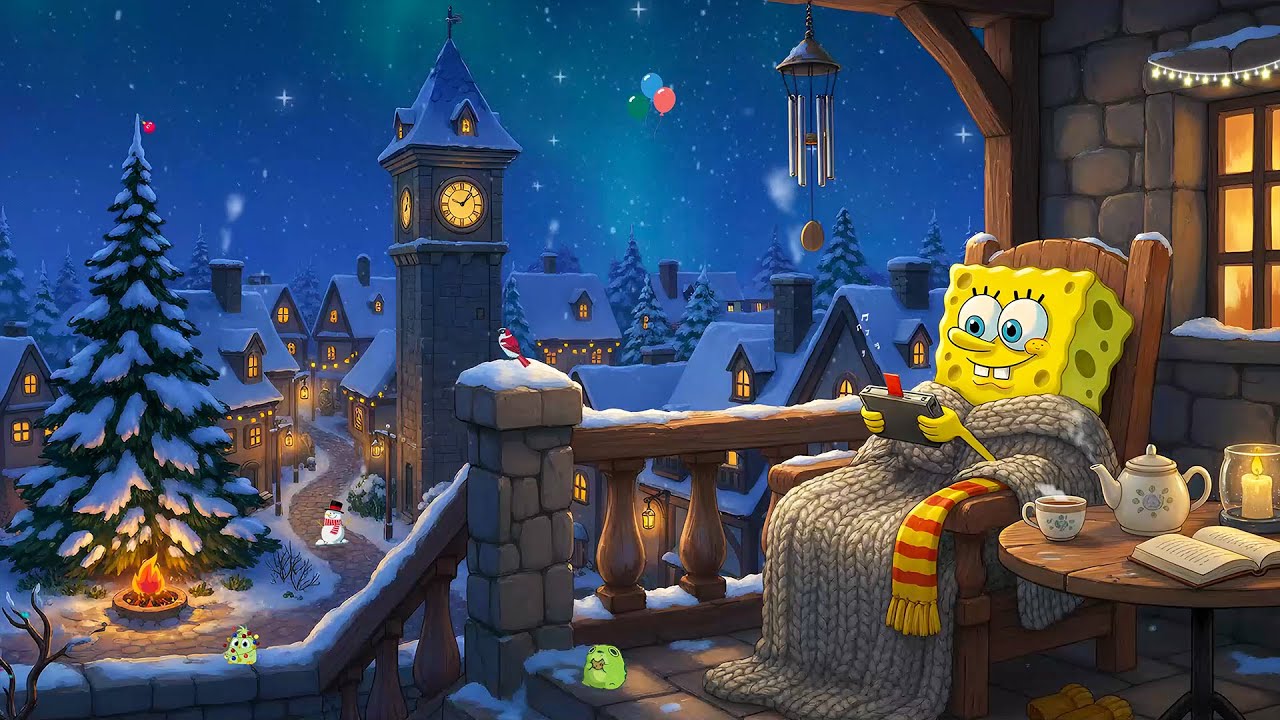 Snowy Balcony Night with SpongeBob ❄️ Lofi Beats to Sleep 🧣 Cozy Winter Village Ambience & Tea