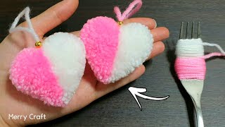 Super Easy Pom Pom Heart Making with Fork - Amazing Craft Ideas with Wool - How to Make Yarn Heart