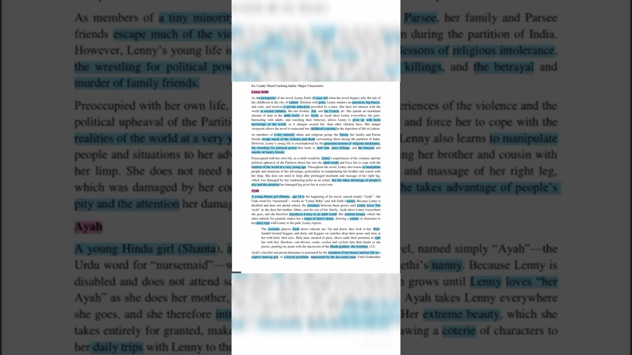 characters of ice candy man/ cracking india Novel.(Bapsi Sidhwa)