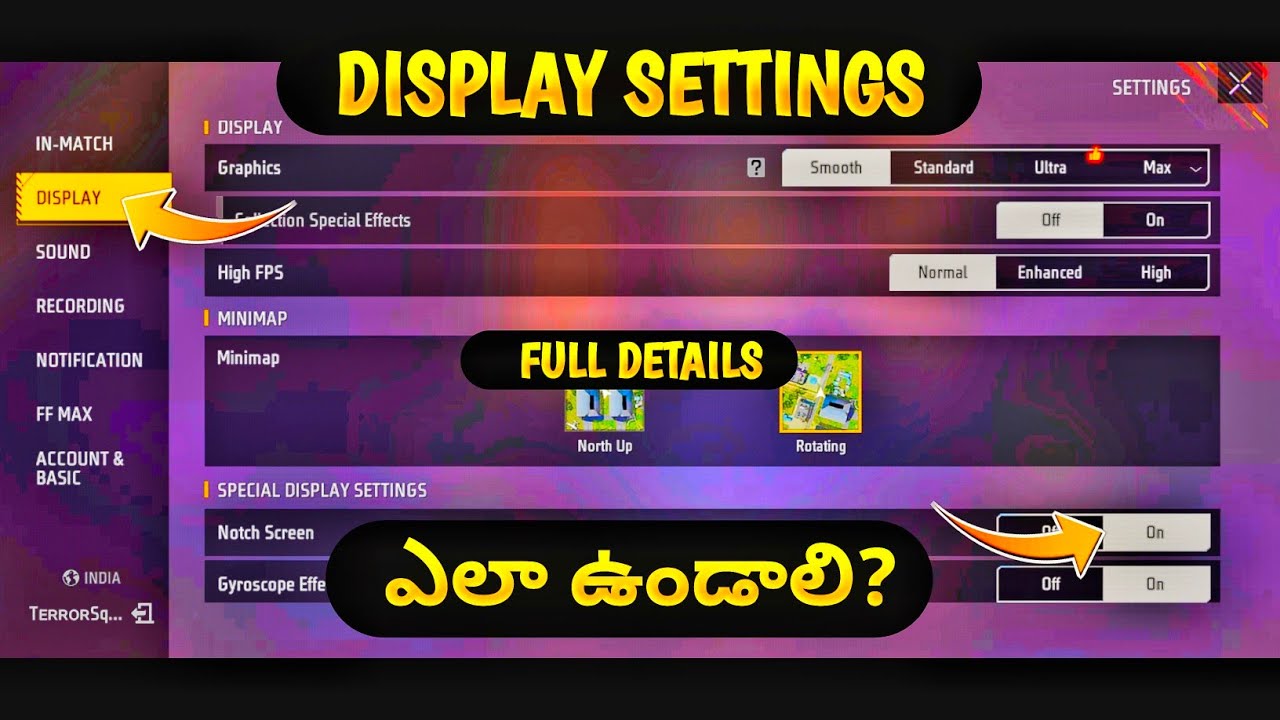 Display Settings Full Details In Free Fire In Telugu 2026 | How To Use ...