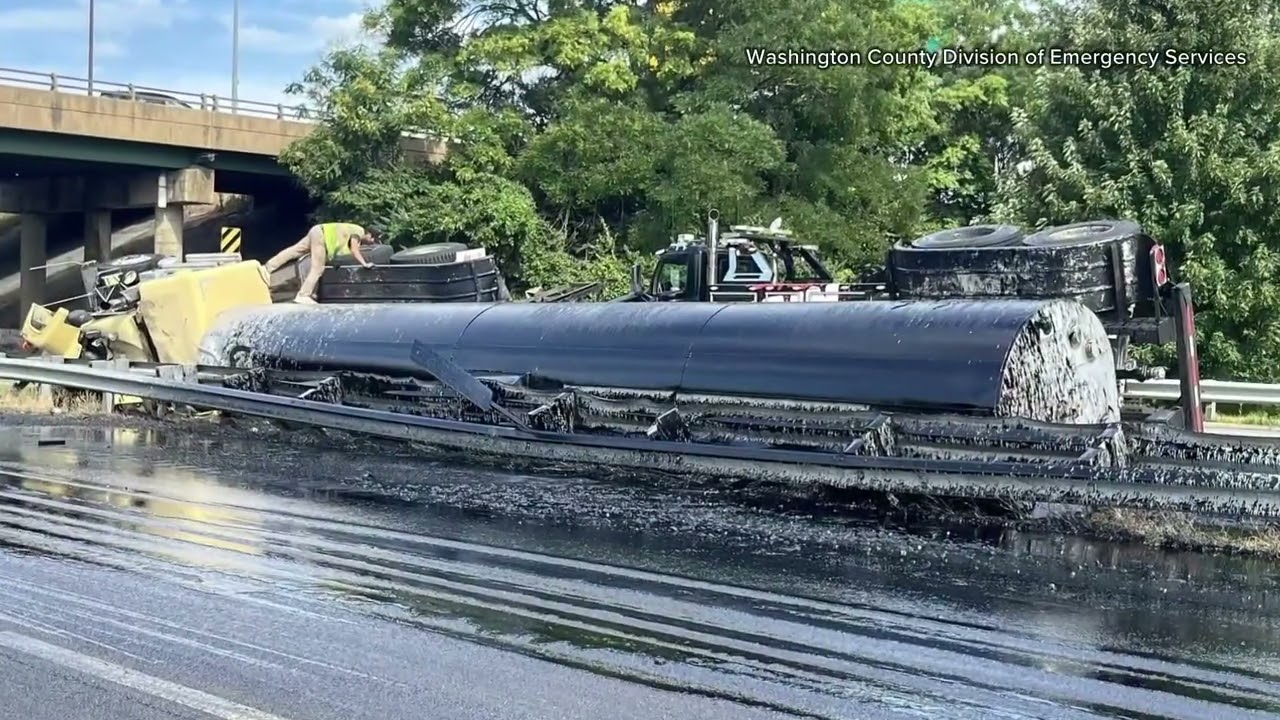 Tanker truck overturns, spills liquid asphalt on I-81