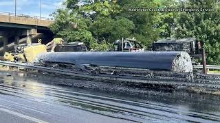 Tanker truck overturns, spills liquid asphalt on I-81
