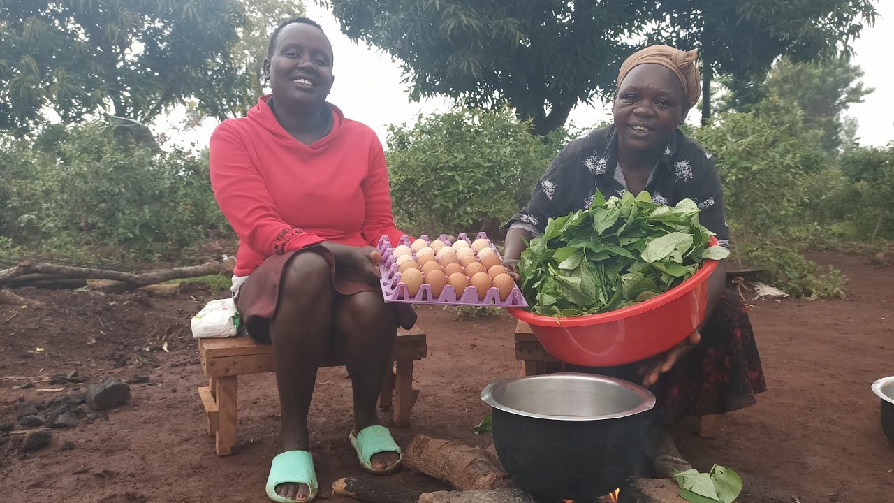 Cooking breakfast, eggs 🥚,kunde leaves and ugali  on a rainy morning 