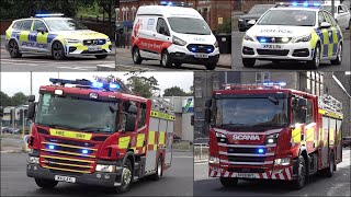 Different fire engines, police cars and ambulances responding with siren and lights across Britain