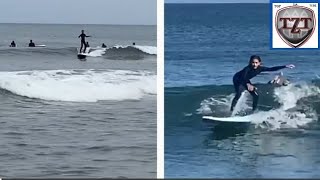 Jamie Mazur and Alessandra Ambrosio's daughter Anja surfing
