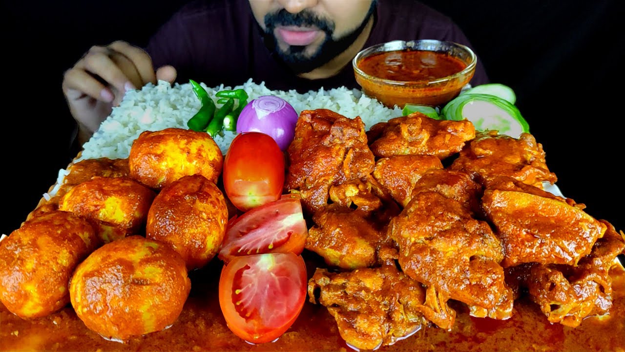 CHICKEN ROGAN JOSH, EGG MASALA CURRY, RICE, SPICY GRAVY, SALAD ASMR ...