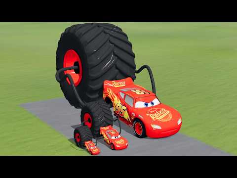 Big & Small Colors Lightning Mcqueen with Giant Rear Wheel vs Trains Thomas | BeamNG.Drive