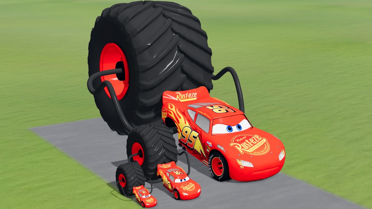 Big & Small Colors Lightning Mcqueen with Giant Rear Wheel vs Trains Thomas | BeamNG.Drive