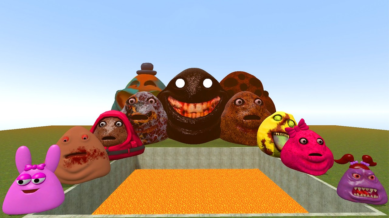 🌋LAVA POOL ALL POU BOU ARMY and SPRUNKI POU, SPIDER and GIRL BOU SPARTAN KICKING in GMod🕳️