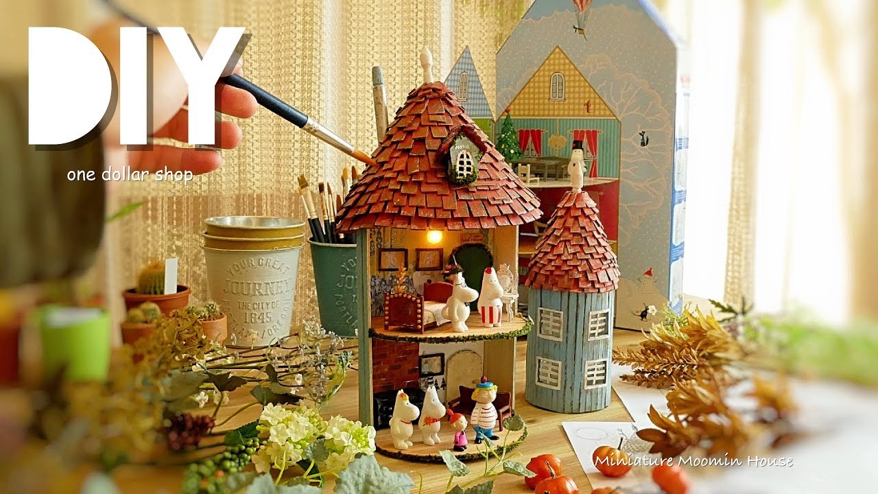 Diy Miniature Moomin S Dollhouse ダンボール屋根のムーミン風ドールハウス ミニチュアベット ドレッサーetc の作り方 Youtube