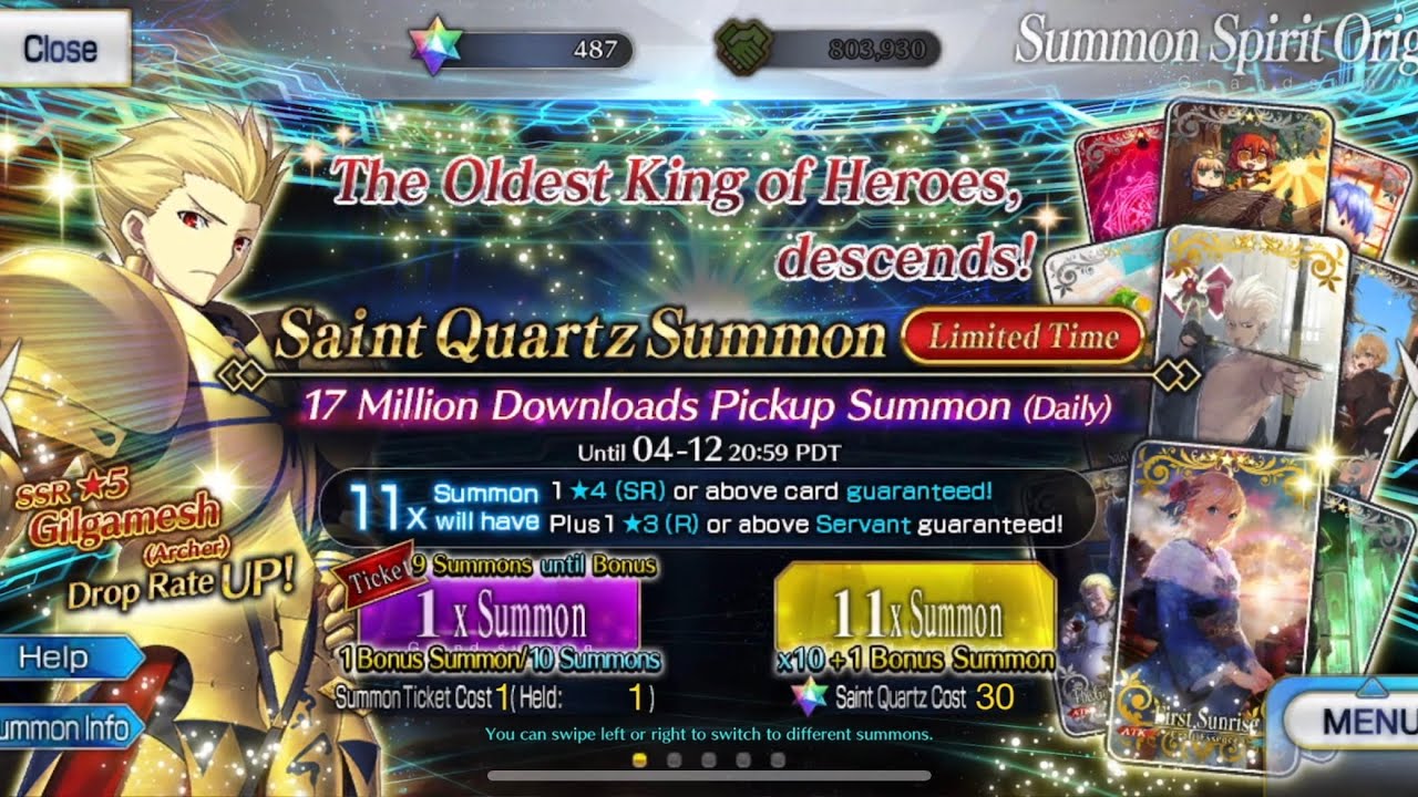 Fate/Grand Order 17 Million Download Pick up Summon Gilgamesh Rolls