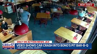 Surveillance footage shows moment car crashes into Bono's Pit Bar-B-Q