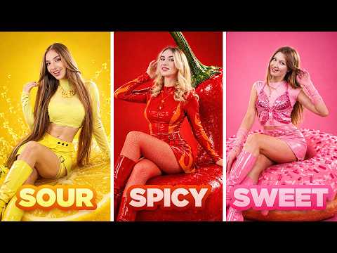 Spicy Girl vs. Sour Girl vs. Sweet Girl! 24-Hour Food Challenge