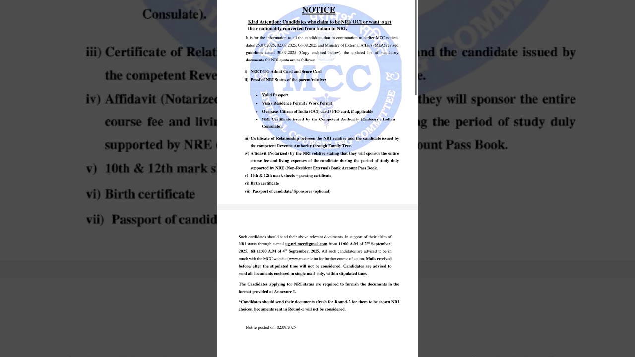 mcc update regarding nri candidates ll