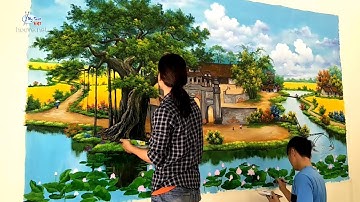 Vẽ tranh tường 3d phòng khách phong cảnh đồng quê. ĐT: 0969.033.288/Nhận dạy các khóa học vẽ tranh.
