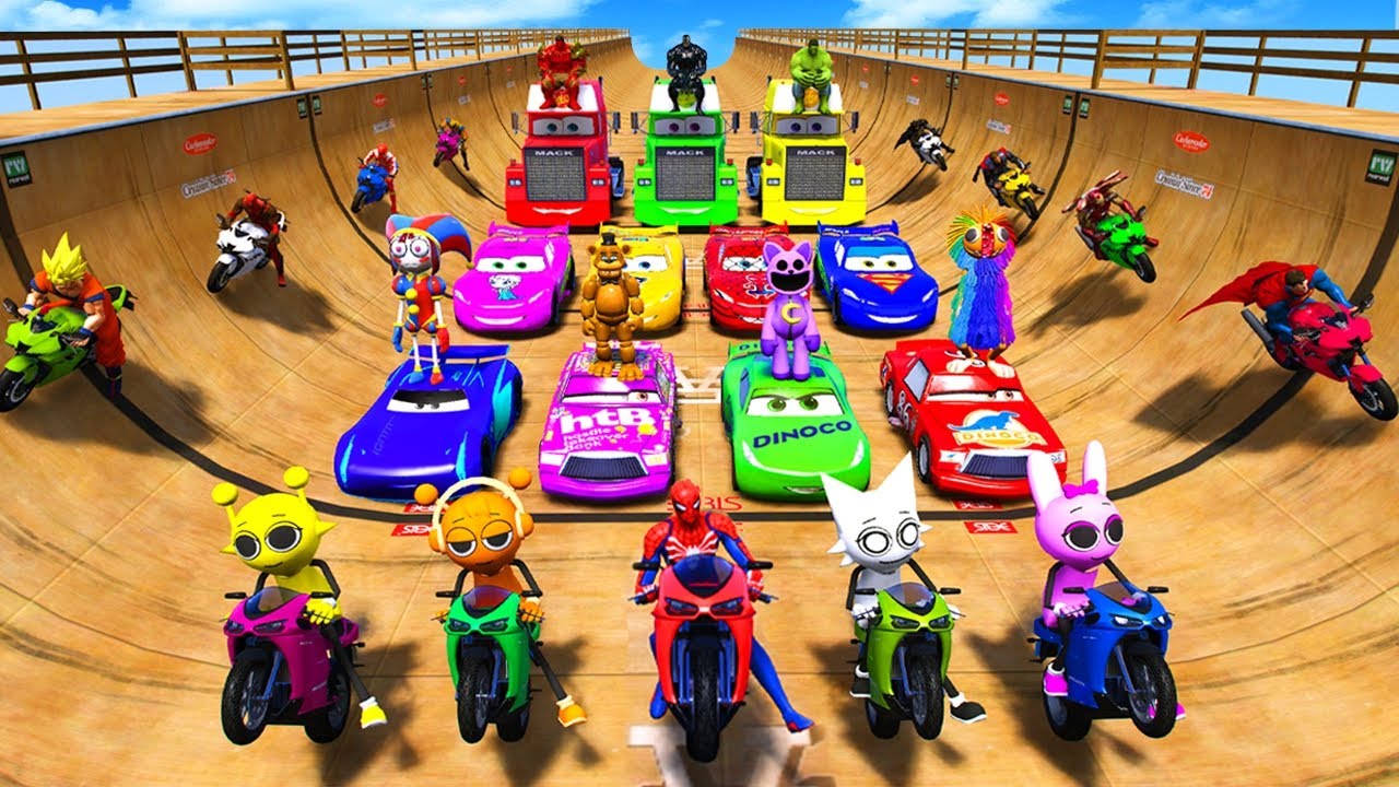 GTA V SPIDER-VERS: FNAF, THE AMAZING DIGITAL CIRCUS, SUPERHEROES Join in Epic Stunt Race MEGA RAMP