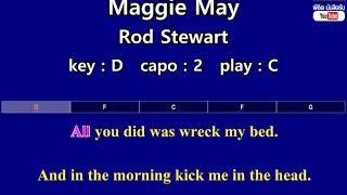 Video thumbnail of "Maggie May - Rod Stewart (Karaoke & Easy Guitar Chords)  Key : D  Capo : 2"