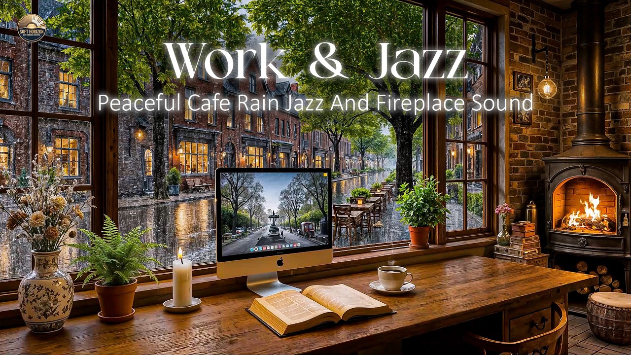Rain Jazz Smooth ⛈️ Прекрасное весеннее кафе с атмосферой дождя и камином | Джаз для работы 🍀
