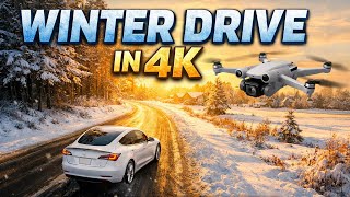 Tesla Winter Drive 4K | Sunny Snow Roads in South Windsor | DJI Mini 5 Pro ActiveTrack