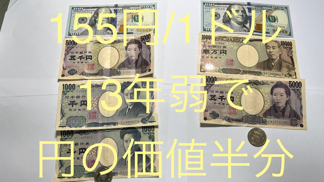 僅か13年弱で円の価値半分以下!! 1ドル 77円-)155円 The yen is losing its value extremely ...